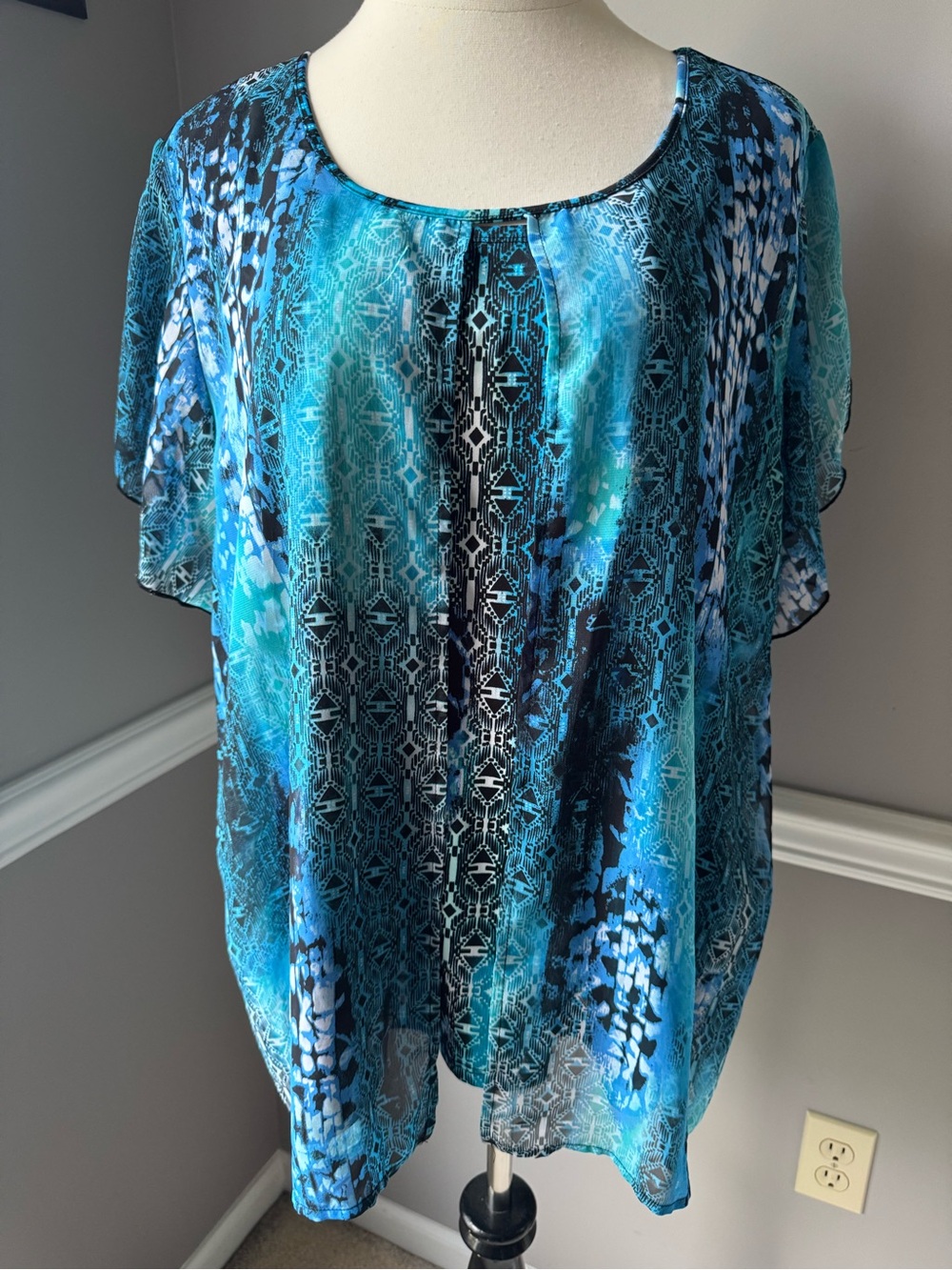 Blue Patterned Short Sleeve Women's Blouse